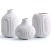 CESTATIVO White Ceramic Vase Set of 3,Small Ribbed Vases for Rustic Home Decor,Modern Minimalist Decor,Shelf Decor,Table Decor,Decorative Flower Vases for Bookshelf