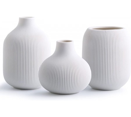 CESTATIVO White Ceramic Vase Set of 3,Small Ribbed Vases for Rustic Home Decor,Modern Minimalist Decor,Shelf Decor,Table Decor,Decorative Flower Vases for Bookshelf