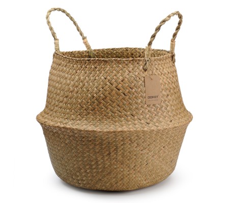 Natural Seagrass Belly Basket with Handles, Large Storage Laundry Basket 