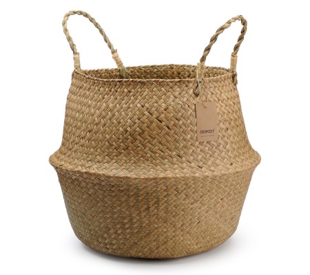 Natural Seagrass Belly Basket with Handles, Large Storage Laundry Basket 