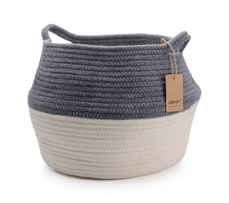 DOKOT Natural Cotton Belly Basket with Handles, Infant Baby Storage Laundry Basket (Grey + White, D14" x H10") 