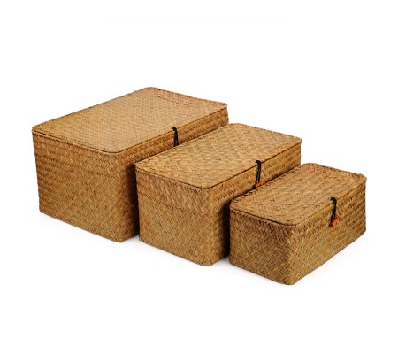 Rectangular Handwoven Seagrass Storage Basket with Lid and Home Organizer Bins, Set of 3