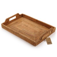 Rattan Tray Tea Trays Rectangle Serving Tray with Handles for Coffee Table, Food, Drinks, Dinner, Breakfast, Home Decor Natural