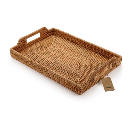 Rattan Tray Tea Trays Rectangle Serving Tray with Handles for Coffee Table, Food, Drinks, Dinner, Breakfast, Home Decor Natural